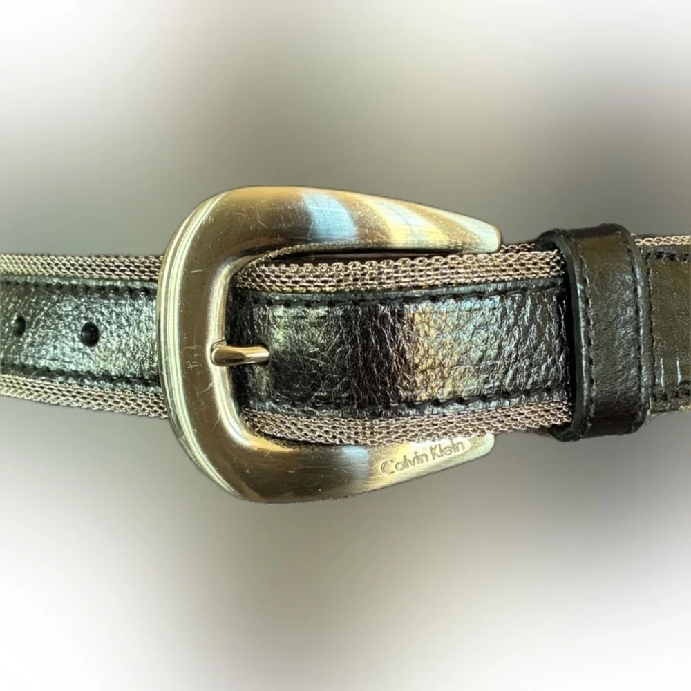CALVIN KLEIN Belt, Black Leather with Silver mesh edging, monogram buckle. M EUC